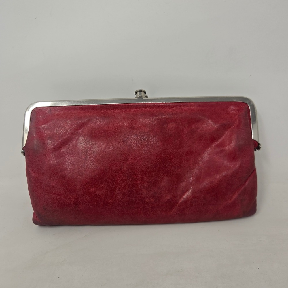 Hobo Lauren Double Frame Clutch Wallet Red Vintage Hide Leather Kiss Lock